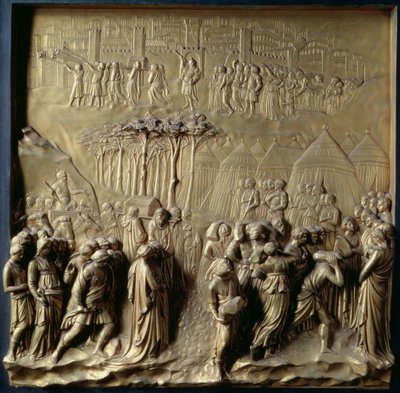 The Story of Joshua: Joshua instructs the Priests to lead the Israelites across the River Jordan and the Fall of Jericho, one of ten relief panels from the Gates of Paradise (East doors), 1425-52 by Lorenzo Ghiberti
